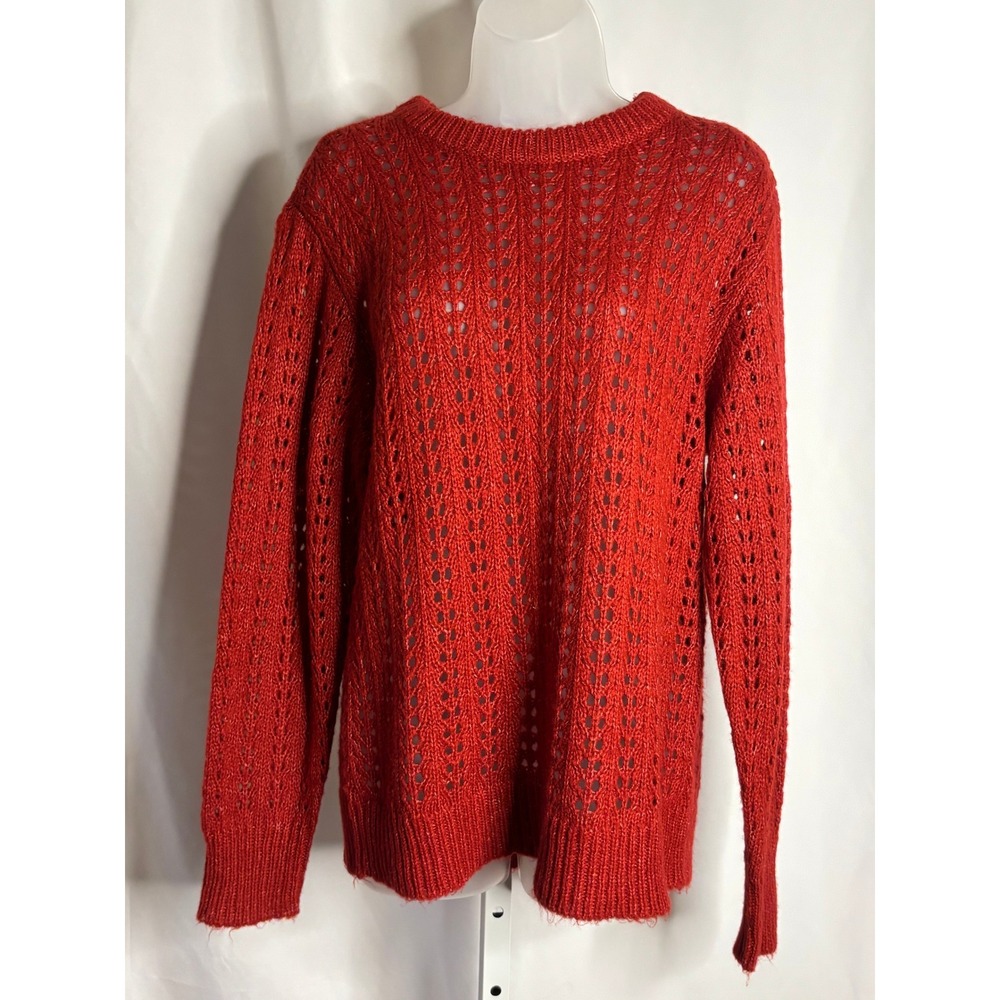 Beverly and Beck | Red Open Knit Pointelle Crewneck Sweater Pullover | Size S